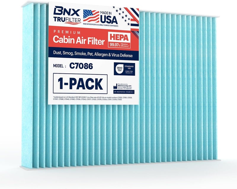 BNX TruFilter C7086 Cabin Air Filter, HEPA 99.97%, MADE IN USA, Compatible With Select Nissan Rogue, Rogue Sport - Image 1